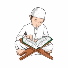 Muslim man cartoon reading Al-qur'an isolated in flat vector design. Ramadan Kareem and Eid Mubarak character design. Vector Illustration for poster, greeting card, banner, flyer.