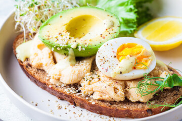 Balanced breakfast toast with pate, avocado, egg and sprouts on a white plate.