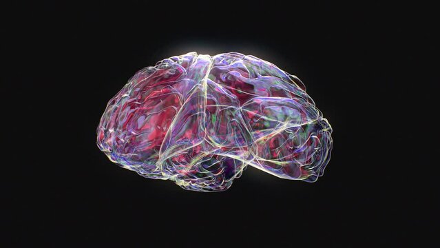 Bright rotation purple green glowing human brain artificial intelligence cyberspace network
