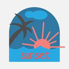 Summer logo with palm tree, sun, sea and inscription.