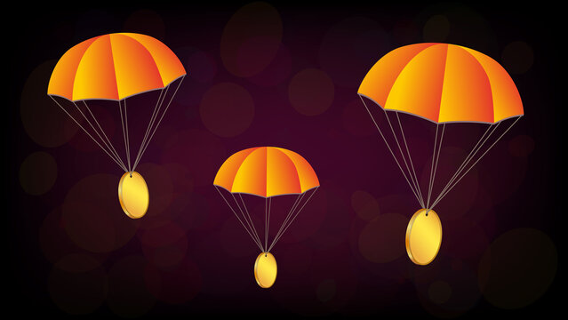Airdrop concept few parachutes with coins on dark red background. Blank gold coin with place for logo or symbol.
