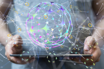 Abstract network of physical devices on the Internet using a network connection with statistics numbers 3d illustration