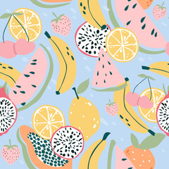 Tropical fruit seamless pattern. Cute and colourful background with bananas, watermelon, lemon, dragon fruit and papaya.