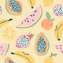 Tropical fruit seamless pattern. Cute and colourful background with bananas, watermelon, lemon, dragon fruit and papaya.