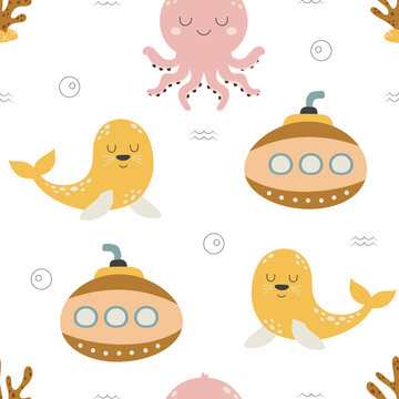 childish seamless pattern with seal and octopus