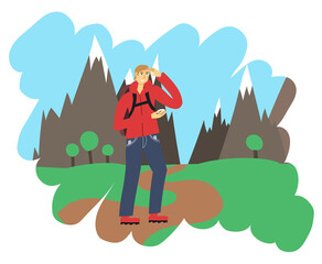 Traveler with a compass on a hike walks along the road to the mountains