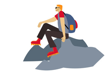 traveler with a backpack sits on a rock on a white background