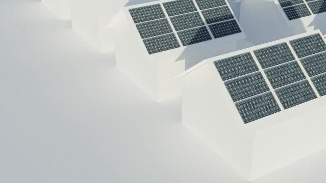 Camera pan over many houses with solar panels, alternative energy, climate change, zero emission, 3d animation