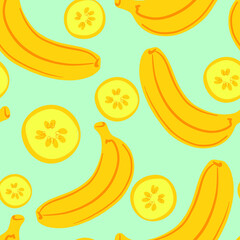 Banana vector pattern. Yellow banana slices. Exotic tropical fruit. Blue background. Wrapping paper.