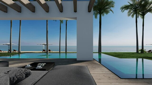 4K video rendering of modern cozy house with pool and parking for sale or rent in luxurious style by the sea or ocean. Sunny day by the coast with palm and flowers in tropical island Fly-walk