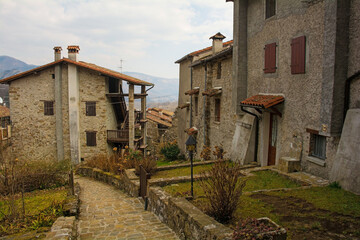 Historic residential buildings in Poffabro, a medieval village in the Val Colvera valley in Pordenone province, Friuli-Venezia Giulia, north east Italy
