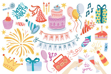 Set of vector birthday party elements. Happy birthday flat doodle collection