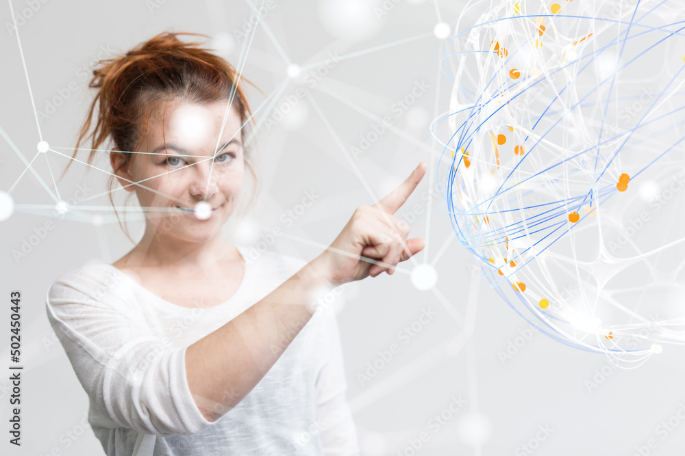 Poster Global network. Blockchain. 3D illustration. Neural networks and artificial intelligence. Abstract