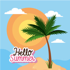 Fototapeta na wymiar hello summer lettering with palm