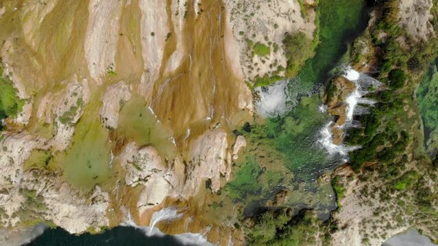 Aerial view of Beautiful Fascinating Tamul Waterfall with turquoise water in San Luis Potosi, Mexico