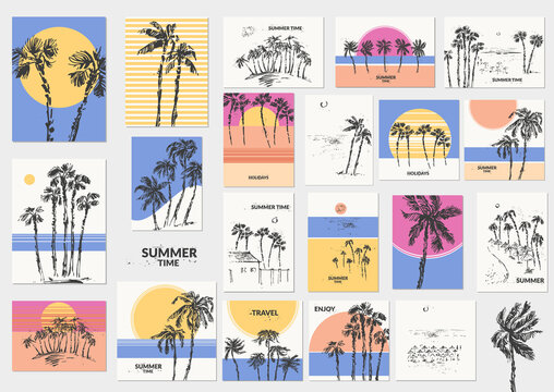 Hand drawn palm trees colorful universal card set