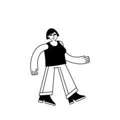 Girl in casual cloth. Modern female character. Young Woman walk. Flat cartoon illustration isolated on white