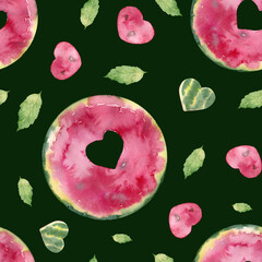 Watercolor seamless pattern with sweet juicy watermelon.