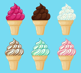ice cream soft in a cone in different flavors