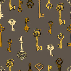 Vintage keys, bronze, gold, silver. Drawing on a transparent background. Choose your own background color. Pattern, desktop wallpaper, pattern on fabric, background. Vector pattern.