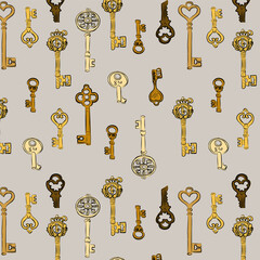 Vintage keys, bronze, gold, silver. Drawing on a transparent background. Choose your own background color. Pattern, desktop wallpaper, pattern on fabric, background. Vector pattern.