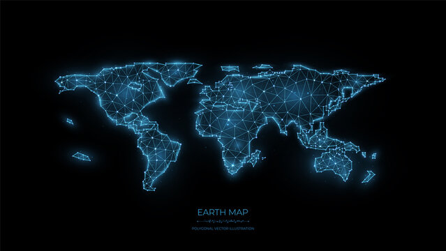 Polygonal world map vector illustration on black background. The concept of globalization. World map banner or template.