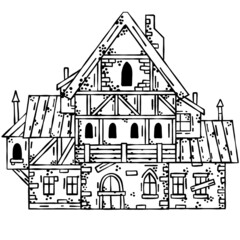 Medieval house. Village building. Old house with chimney. Black and white sketch image of street. Cartoon retro illustration