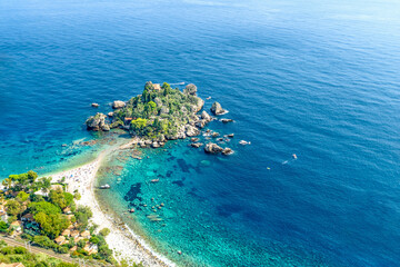 Isola Bella seen from above in the turquoise blue sea on the island of Sicily