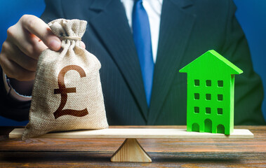 Businessman puts british pound sterling money bag on scales and green house. Investment in...