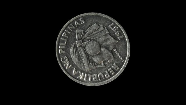 Obverse of Philippines coin 1 sentimo 1987 with inscription meaning REPUBLIC OF PHILIPPINES and image of Lapulapu chief. Isolated in white background.
