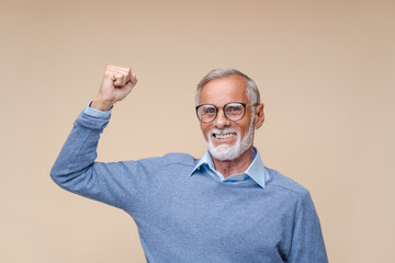 Extremely excited overjoyed man with beard shouting making yes gesture, amazed with his victory,...