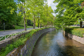 The river oos in the city park of baden baden. Baden Wuerttemberg, Germany, Europe - obrazy, fototapety, plakaty