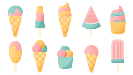 Set illustrations of different types of ice creams. Summertime design elements.