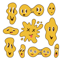 Bif set of funny retro melting crazy and dripping smiley faces. Distorted graffiti psychedelic emoji. Hippie groovy smile characters collection. Positive facial trippy expressions. Hand drawn vector