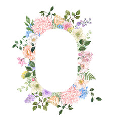 Elegant and modern botanical frame with pastel spring flowers, greenery. Watercolor floral wreath. Invitation template design.