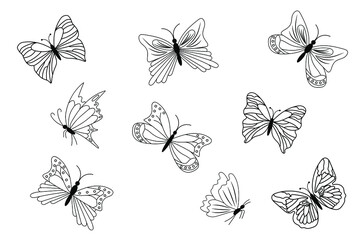 set of black outline butterflies