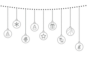 Fototapeta na wymiar set of christmas ornament on a string with black outline 