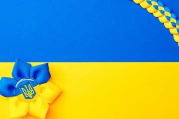 Yellow blue background. Ukrainian flower trident symbol isolated on yellow blue flag banner....