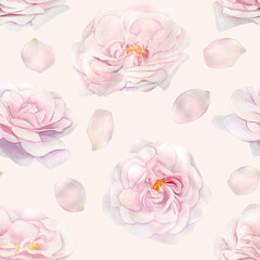 Hand drawn watercolor seamless pattern with pink rose flowers.