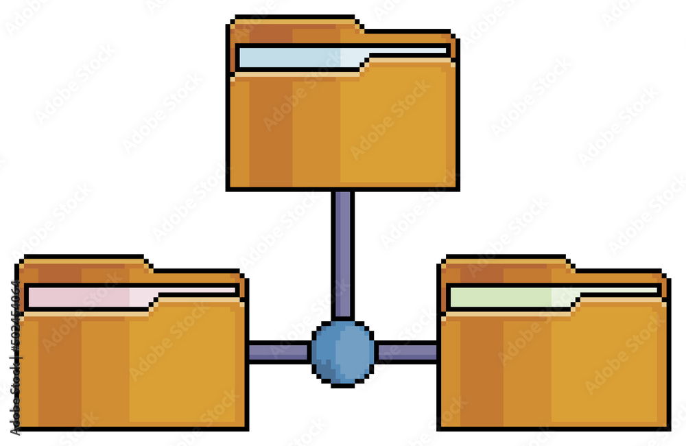 Poster pixel art folders in network. folder sharing vector icon for 8bit game on white background