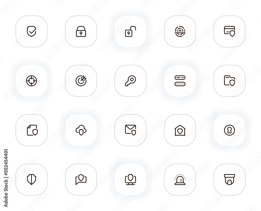 Poster protection and security line icons set. shield, padlock, fingerprint, password and other buttons. ve