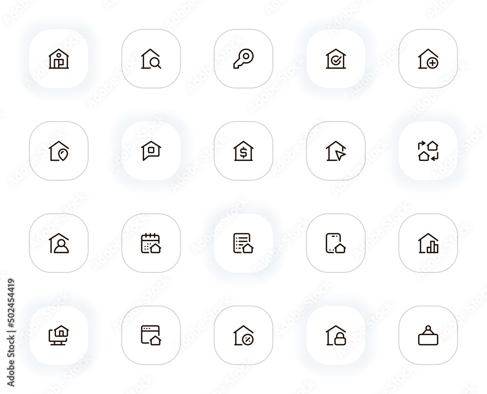 Poster real estate line icons set. house, searching apartment, key, location, rent and other buttons. vecto