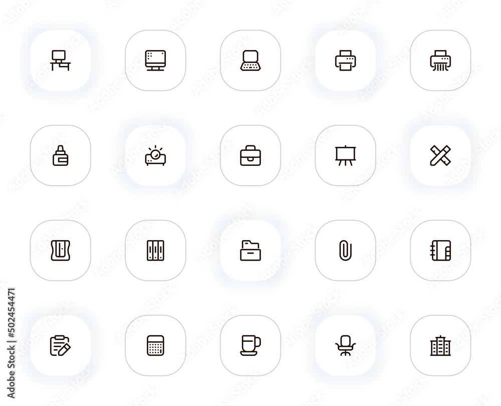 Leinwandbilder office and work line icons set. computer, laptop, printer, briefcase, stationery and other button. v