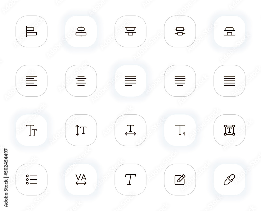 Poster type, paragraph and character line icons set. text editing, alignment, format and other buttons. vec