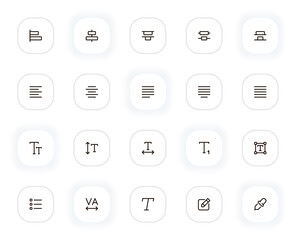 Type, paragraph and character line icons set. Text editing, alignment, format and other buttons. Vector outline pictograms for web and ui, ux mobile app design. Editable Stroke. 24x24 Pixel Perfect.