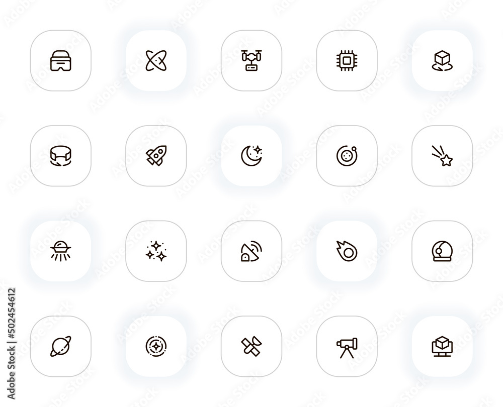 Poster technology and space line icons set. science, rocket, drone, microcircuit, star and other buttons. v