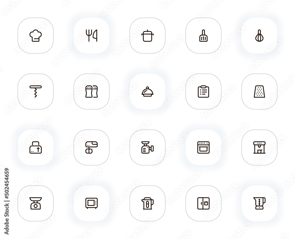 Poster kitchen and cooking line icons set. chef, utensil, pot, fork, knife, saucepan and other buttons. vec