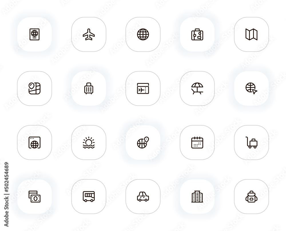 Poster travel line icons set. passport, airplane, globe, suitcase, map, ticket, hotel and other buttons. ve