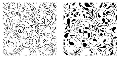 Set of two vector seamless pattern in doodle style. Art Deco style. Ornamental decorative monochrome background perfect for decoration invitation, greeting cards, menus, wallpapers, covers, textiles.