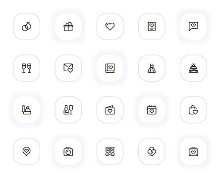 Romance and wedding line icons set. Rings, gift, heart, letter, dress, cake and other buttons. Vector outline pictograms for web and ui, ux mobile app design. Editable Stroke. 24x24 Pixel Perfect.